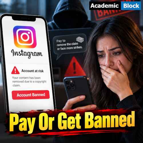Image showing Instagram creators face fake copyright claims and ransom demands, with a creator warned that paying could prevent further strikes or account suspension.