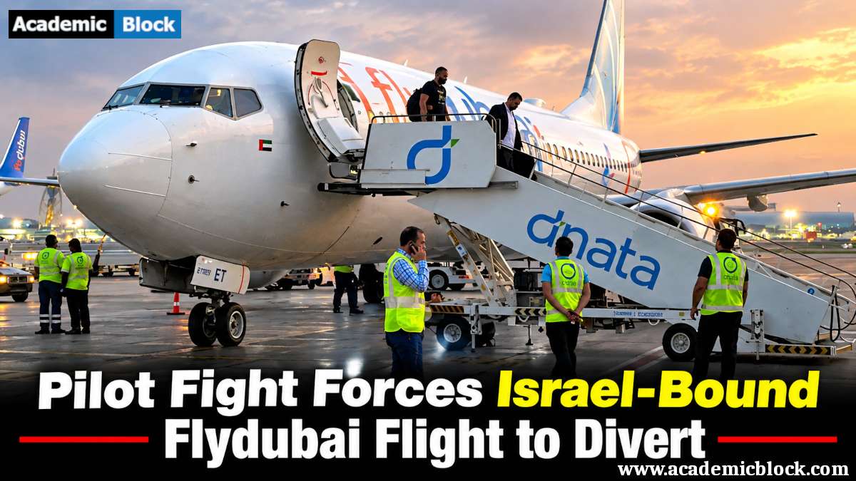 A Flydubai aircraft stands on the airport tarmac as ground crew prepare the plane, with the headline highlighting a pilot fight that forced an Israel-bound flight to divert.