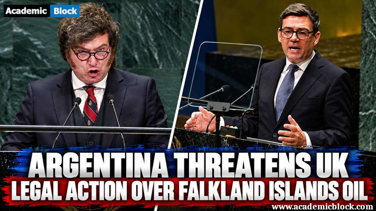 Image showing Javier Milei and UK Prime Minister Andy Burnham at UN podiums as Argentina threatens legal action over the Falklands oil project.