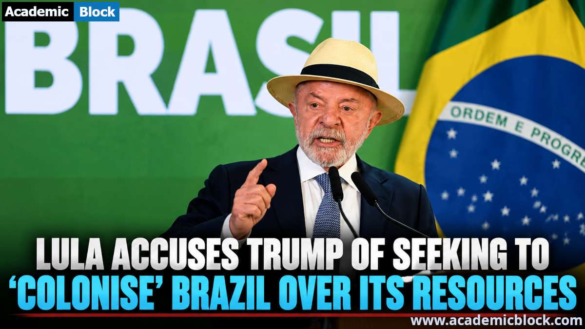 Image showing Brazilian President Lula da Silva speaks at a podium as he accuses Trump of seeking to colonise Brazil and control its natural resources.