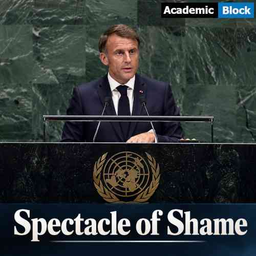 An image showing French President Emmanuel Macron addressing the United Nations as “Spectacle of shame" appears at the bottom of the news thumbnail about Gaza diplomacy.