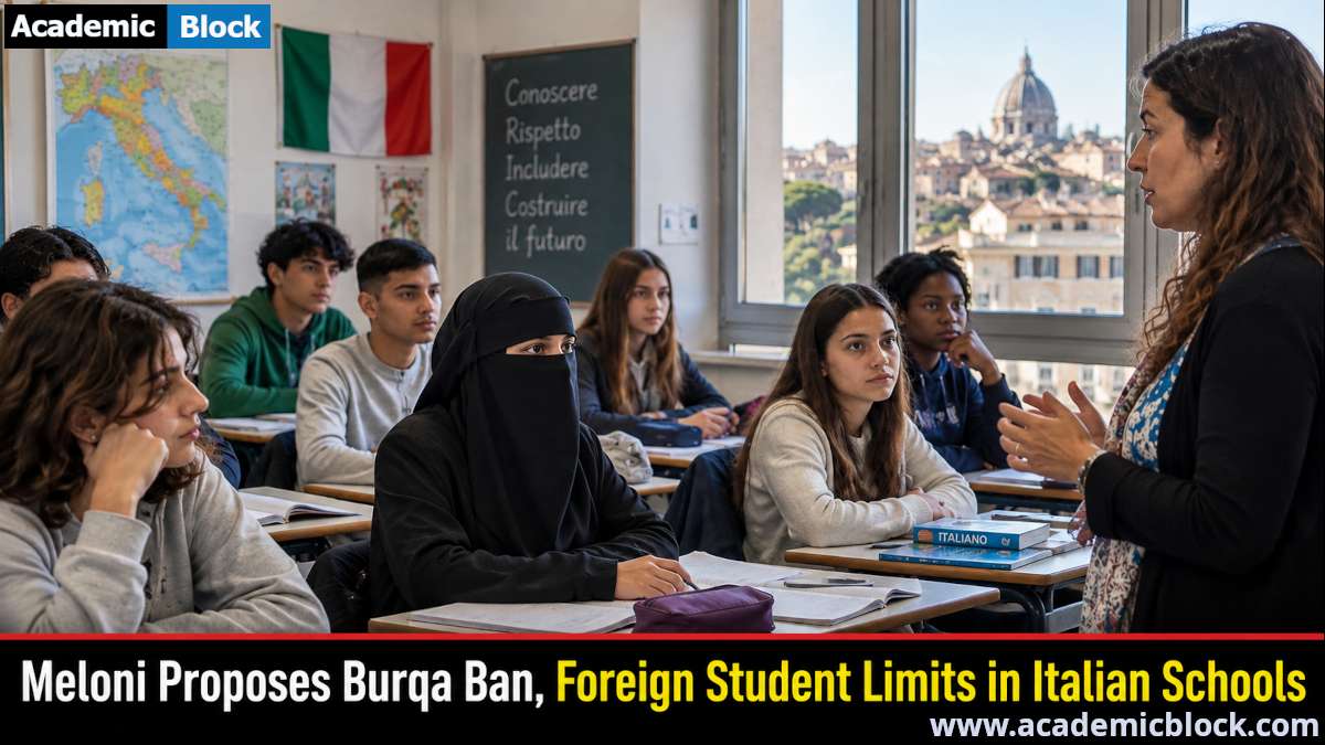 Image showing Italian classroom with students, including a girl wearing a black niqab, as a teacher leads a lesson amid debate over Meloni’s proposed burqa ban and foreign student limits.