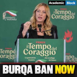 Image showing Italian Prime Minister Giorgia Meloni speaking at a podium as Italy proposes a burqa and niqab ban in schools.