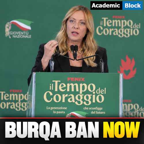 Image showing Italian Prime Minister Giorgia Meloni speaking at a podium as Italy proposes a burqa and niqab ban in schools.