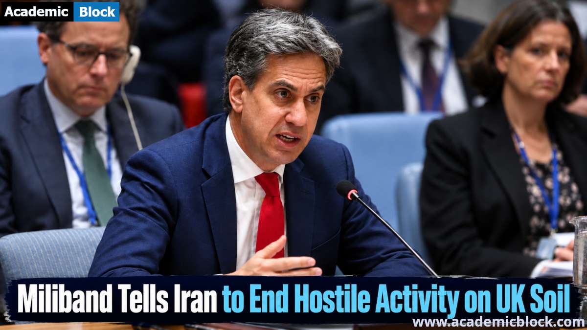 Image showing Britain’s Foreign Secretary Ed Miliband speaks at a diplomatic meeting as he calls on Iran to end hostile activity on UK soil.