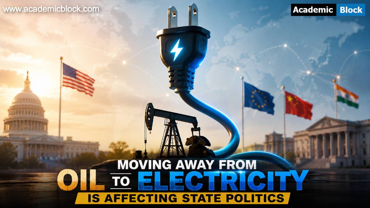 Image showing a conceptual scene where a large electric power plug and cable is rising above a small oil derrick, with subtle political symbols (flags, government buildings) in the soft-focus background. The Text on the image reads, Moving away from Oil to Electricity is affecting state politics