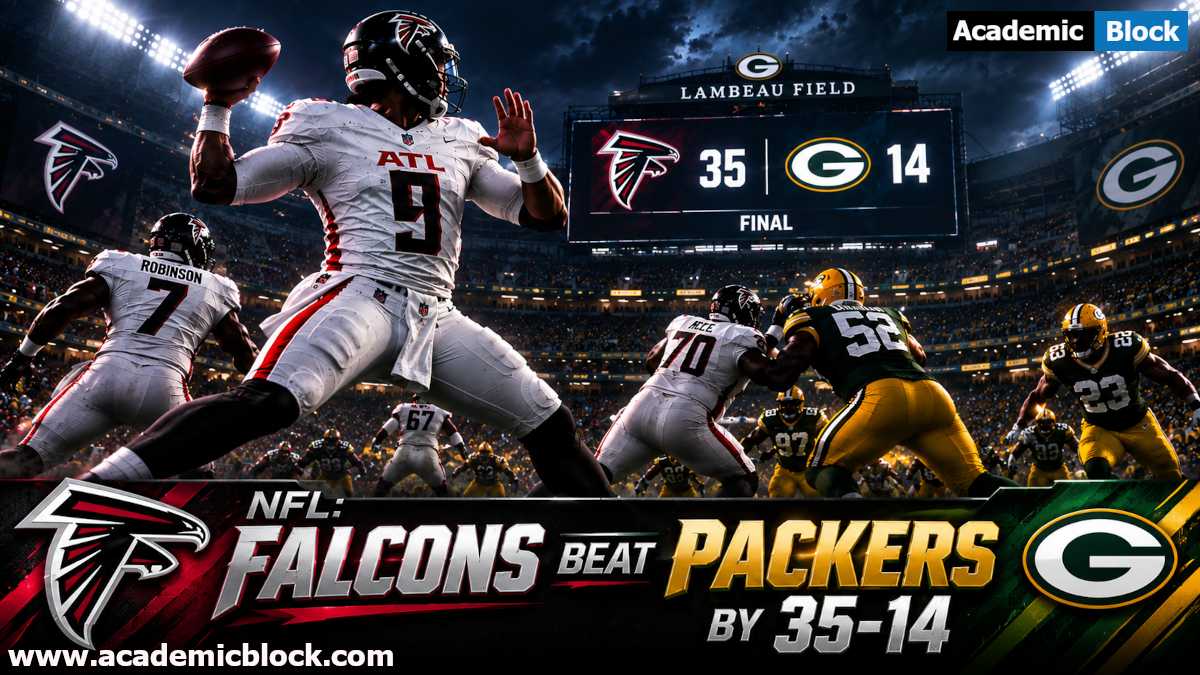 Images shows the Atlanta Falcons defeating the Green Bay Packers 35-14 at Lambeau Field, featuring key players alongside a large stadium scoreboard displaying the final result.