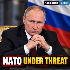 Image showing Vladimir Putin sits before a Russian flag with the headline “NATO Under Threat,” highlighting tensions between Russia and NATO.