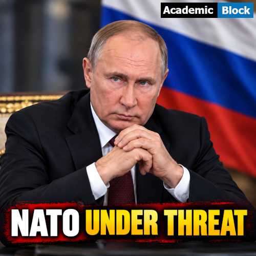 Image showing Vladimir Putin sits before a Russian flag with the headline “NATO Under Threat,” highlighting tensions between Russia and NATO.