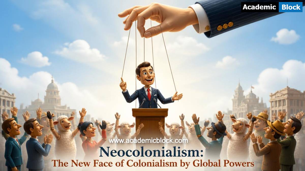 Image shows a abstract representation of neocolonialism: a puppet like politician is giving speech from the podium while crowd is listening him happily, there is a single hand (in a business suit) in sky gently holding the strings connected to the politician. There are some ships also (standing on their rear legs) in the crowd cheering happily.