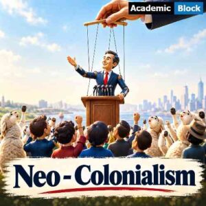 Image shows a abstract representation of neocolonialism: a puppet like politician is giving speech from the podium while crowd is listening him happily, there is a single hand in sky gently pulling the strings connected to the politician.