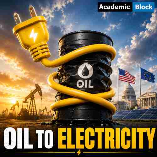 Image show a electric cable with a plug wrapped around a oil drum, symbolizing the move away from Oil towards the Electricity.
