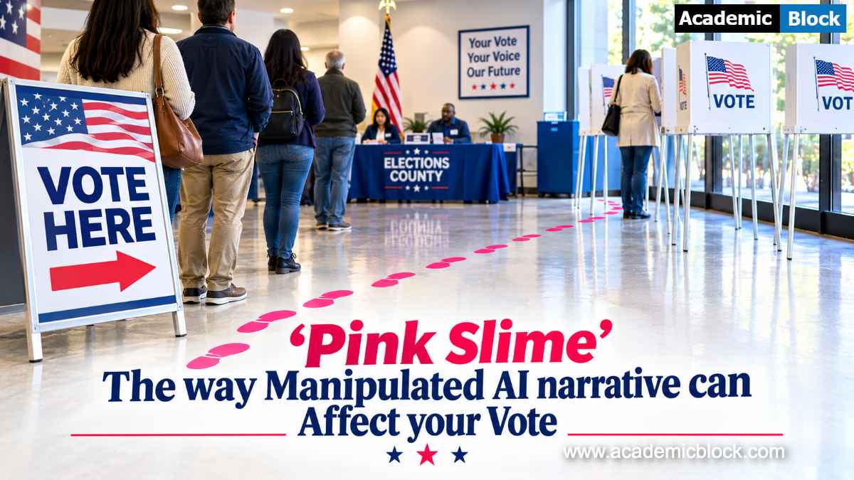 Image shows a polling station in USA, there are pink footprints leading to the polling booth, indicating the rising problem of Pink Slime.