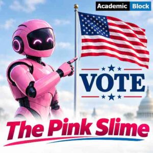 Image shows a pink robot asking people to vote, it highlight the rising problem of Pink Slime.