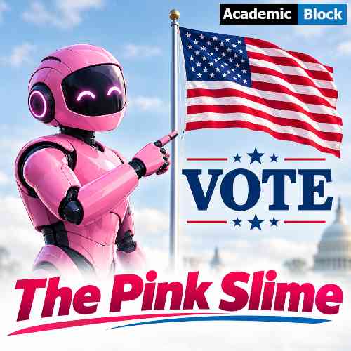 Image shows a pink robot asking people to vote, it highlight the rising problem of Pink Slime.