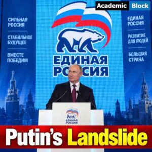 Image showing Vladimir Putin speaking at a United Russia event with the party emblem behind him and “Putin’s Landslide” headline at the bottom.