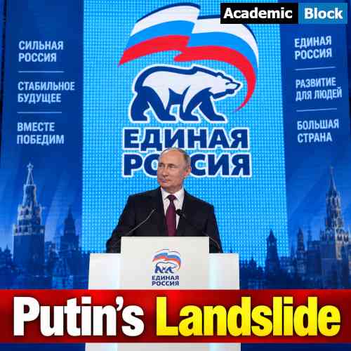 Image showing Vladimir Putin speaking at a United Russia event with the party emblem behind him and “Putin’s Landslide” headline at the bottom.