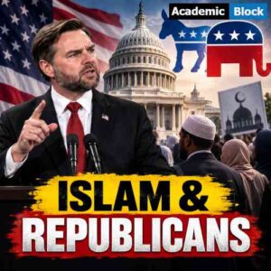 Image showing Republican political leader JD Vance speaking at a podium with the US Capitol, Republican and Democratic symbols, American flags, and Muslim community members in the background.