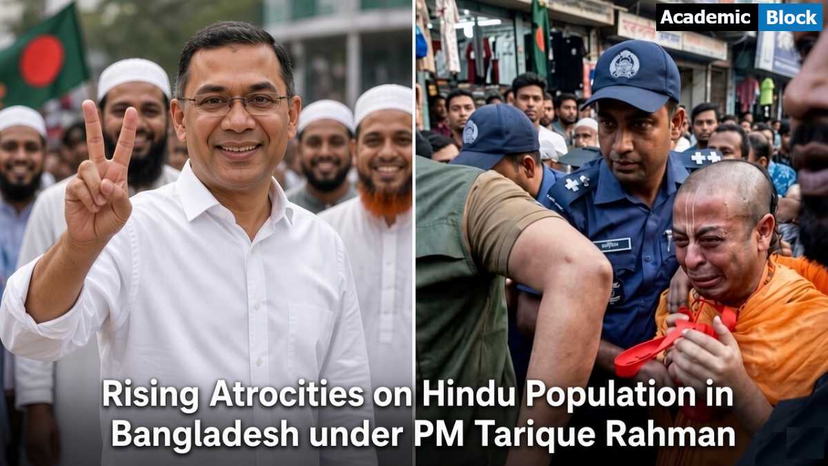 This 2 panel Image shows a Hindu priest Chinmoy Krishna Das Crying in the right panel, Bangladesh PM Tarique Rahman is shown in the left panel.