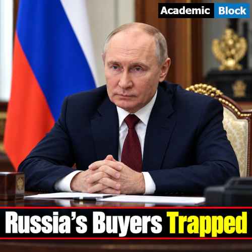 Image showing Vladimir Putin seated at a desk in a formal Russian government setting, illustrating pressure on Russia’s oil buyers amid new US sanctions powers.