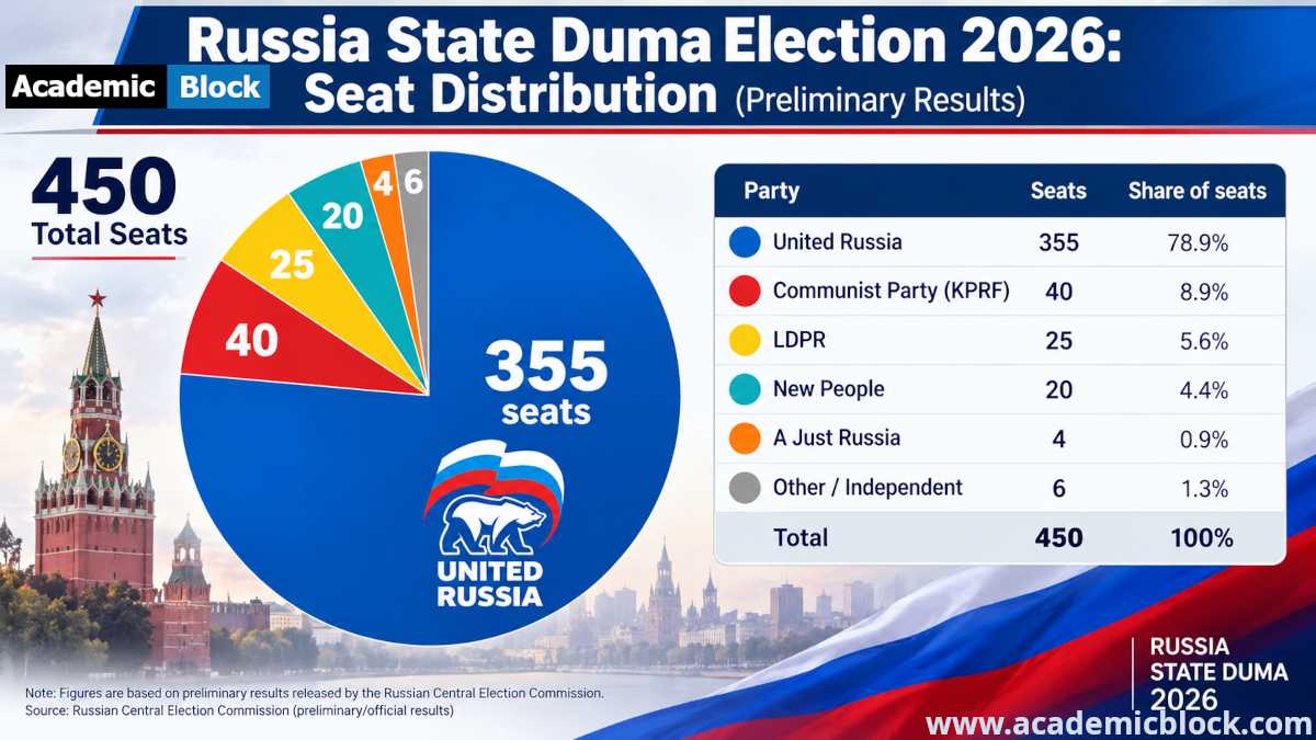 Image showing the Russia State Duma 2026 preliminary seat distribution, showing United Russia with 355 of 450 seats, alongside other parties.