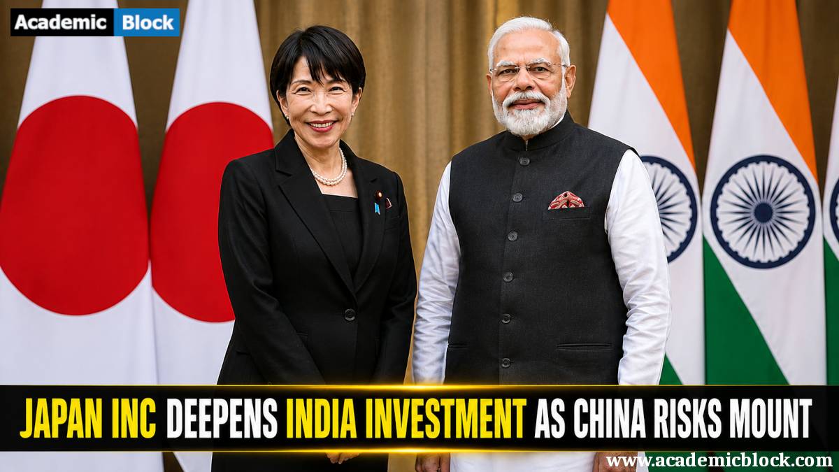 An image showing Sanae Takaichi and Narendra Modi standing together in front of Japanese and Indian flags as Japan Inc. deepens investment in India amid rising China risks.