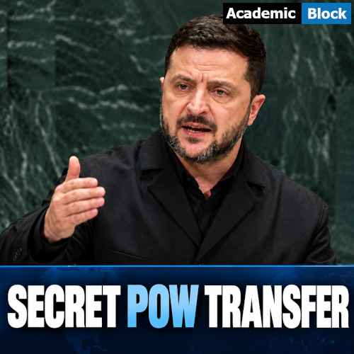 Image showing Ukrainian President Volodymyr Zelenskyy speaking at a podium as the Secret POW Transfer controversy draws attention to North Korean prisoners of war.