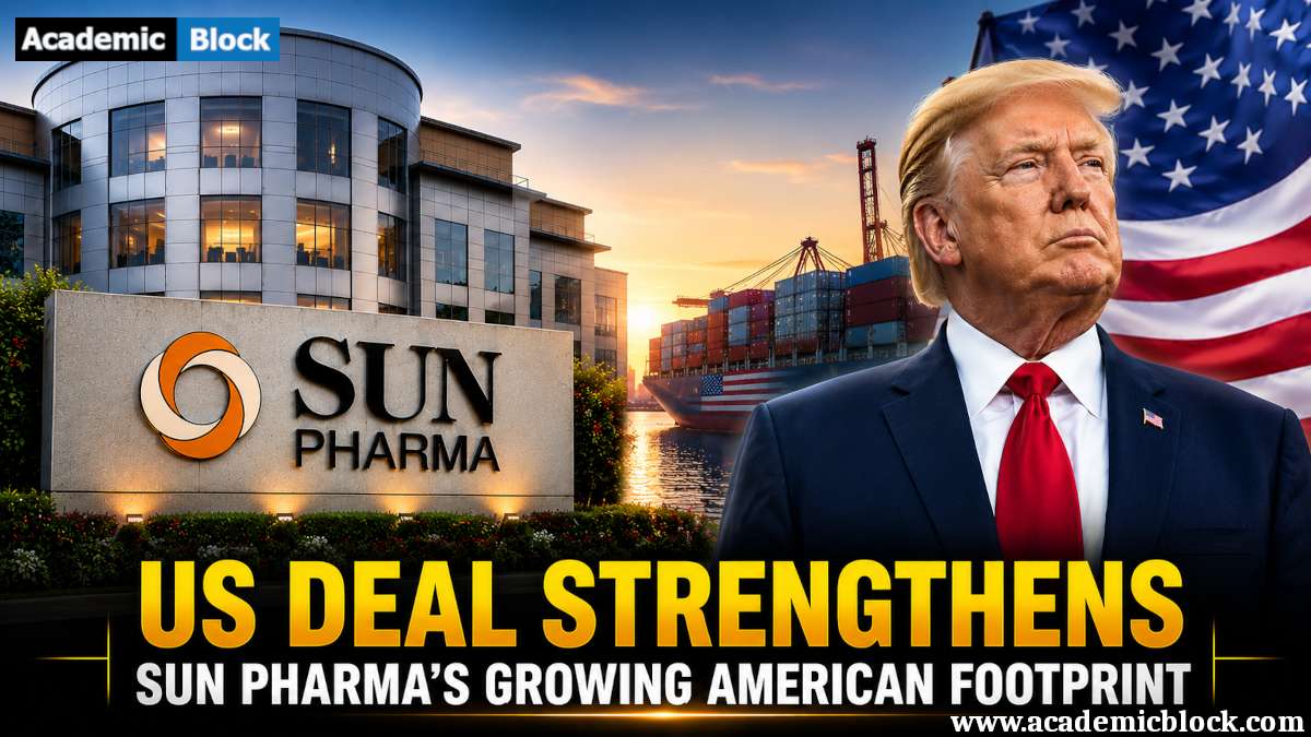Image showing Sun Pharma headquarters and Donald Trump with the US flag, highlighting the company's growing American footprint after its US deal.
