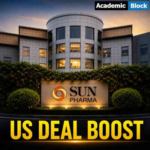 Image showing Sun Pharma headquarters with the US Deal Boost headline highlighting the company’s new US drug-pricing agreement.