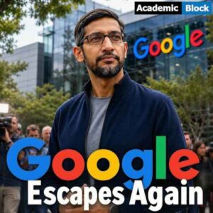 Image showing Sundar Pichai standing outside a Google office as the company avoids a forced AdX breakup in a digital advertising antitrust case.