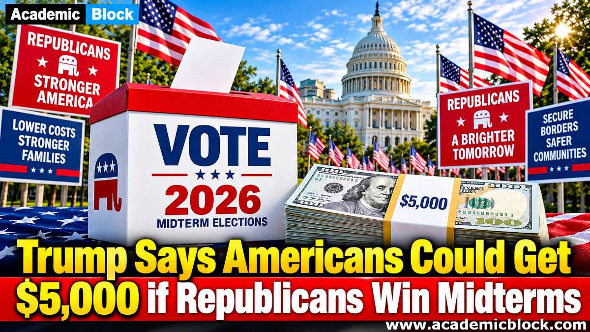 Image showing Trump's proposed $5,000 payment for Americans if Republicans win the 2026 midterm elections, shown with a ballot box, U.S. Capitol, American flags and cash.