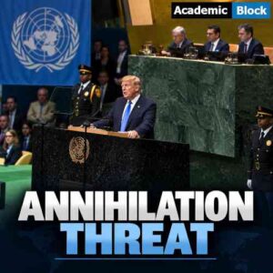 Image showing Donald Trump delivering a speech at the United Nations as “Annihilation Threat” appears on a news thumbnail.
