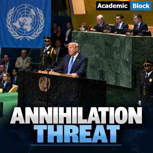 Image showing Donald Trump delivering a speech at the United Nations as “Annihilation Threat” appears on a news thumbnail.