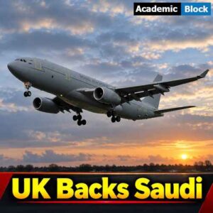 An image showing a single British aircraft, an RAF Voyager, flying against a dramatic sky as Britain backs Saudi Arabia with defensive air-refueling support.