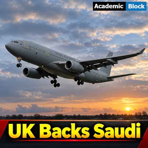 An image showing a single British aircraft, an RAF Voyager, flying against a dramatic sky as Britain backs Saudi Arabia with defensive air-refueling support.