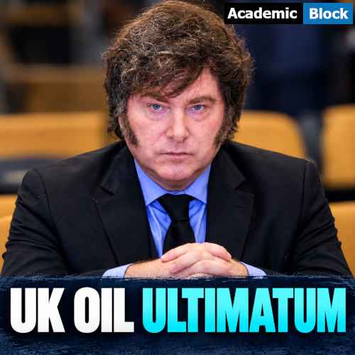 Image showing Javier Milei seated at a podium as a news graphic highlights Argentina’s ultimatum to the UK over the Falklands oil project.