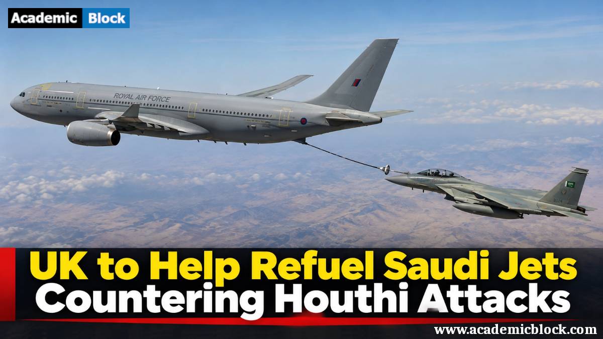 image showing An RAF Voyager refuels a Saudi fighter jet during flight as Britain provides defensive air-refuelling support to Saudi Arabia against Houthi attacks.