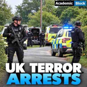 Image showing UK police officers secure a road near RAF Fairford during a major security operation following the arrest of five men on terrorism suspicions.