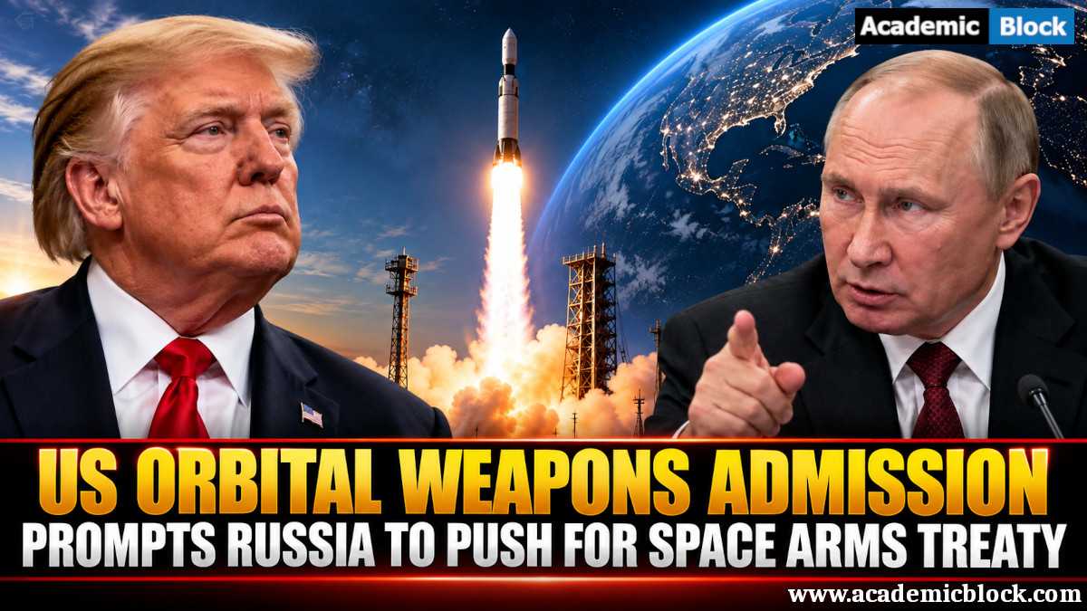 Image showing US orbital weapons admission prompts Russia to push for a space arms treaty, with a rocket launch and US-Russia space tensions illustrated.