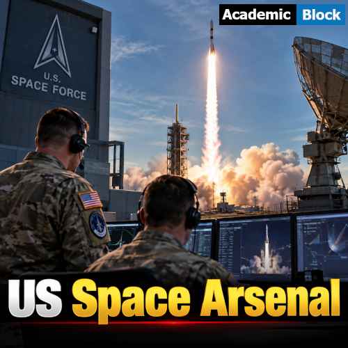 Image showing US Space Arsenal, Rocket launching near a US Space Force facility with military personnel monitoring space operations.