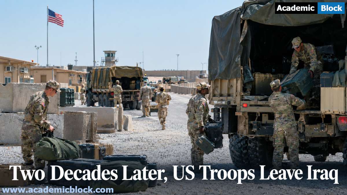 The image shows a realistic military base, transport trucks, and an orderly withdrawal as the U.S. soldiers load equipment onto military vehicles as American troops prepare to leave Iraq.