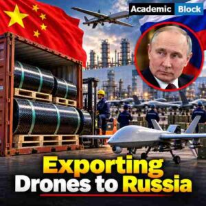 Image showing Vladimir Putin pictured with Chinese carbon fiber shipments and military drones at a Russian industrial facility, highlighting China-Russia drone supply links.