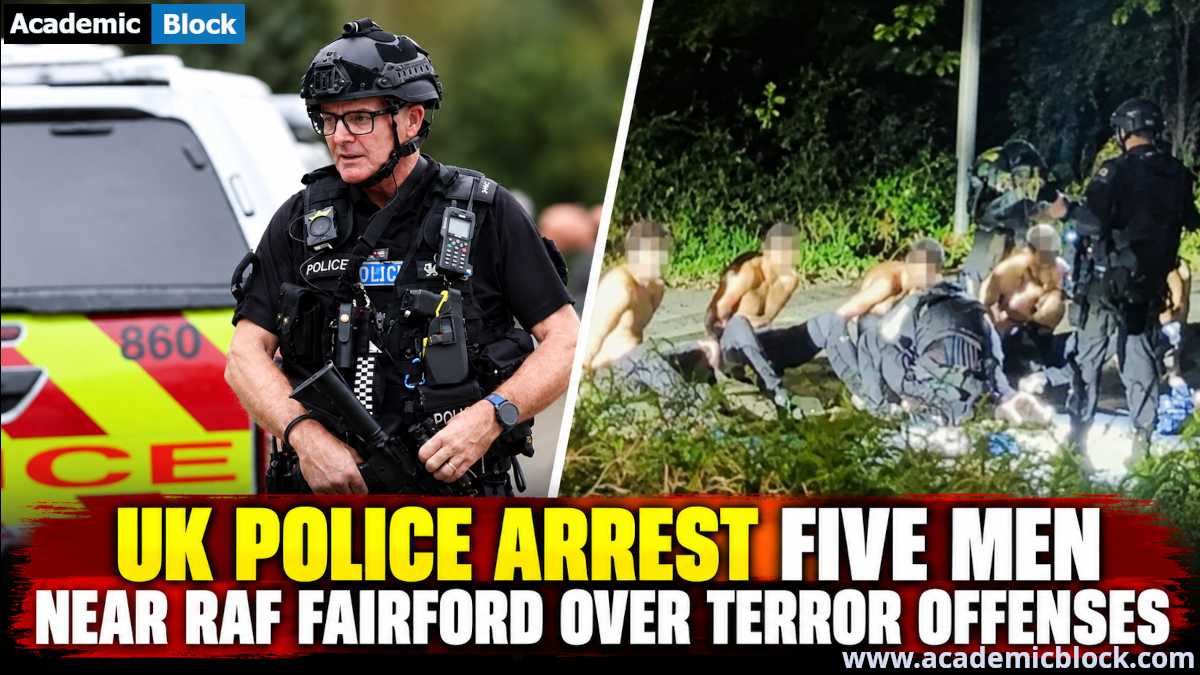Image showing UK police officer and detained men shown in a split news image following five arrests near RAF Fairford over suspected terror offences.