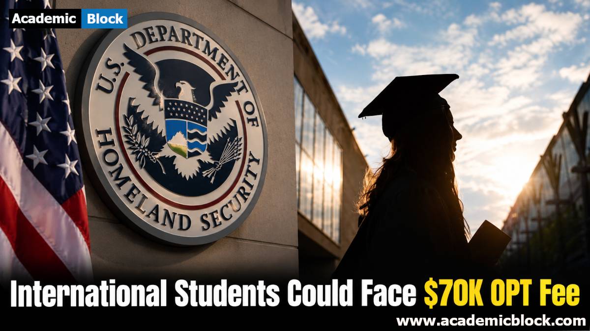 This image shows A U.S. Department of Homeland Security seal and American flag appear alongside a graduating international student, highlighting concerns over a proposed $70,000 OPT fee for international students.