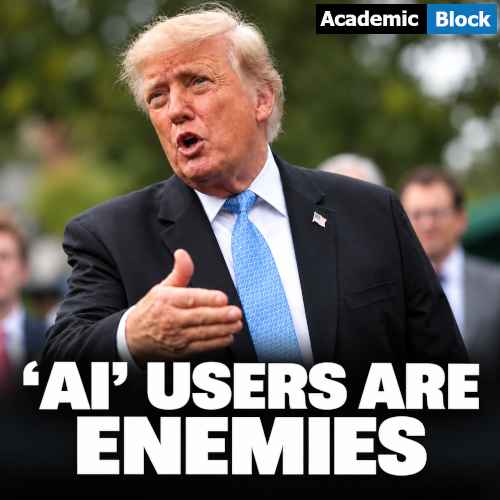Image showing Donald Trump in a black suit speaking outdoors with the headline, Trump says AI Users Are Enemies about his push to replace artificial intelligence with super intelligence.