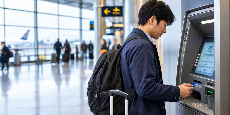 Image of an Japanese traveler withdrawing cash from a modern ATM in a busy European airport
