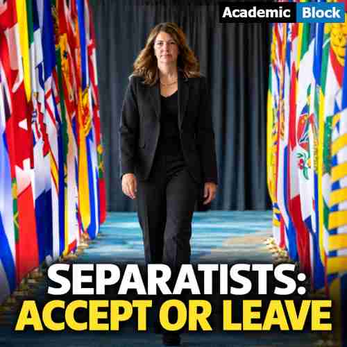 Image showing Danielle Smith walks through a corridor lined with Canadian provincial flags, with the headline “Separatists: Accept or Leave” highlighting Alberta’s separatist dispute within the United Conservative Party.