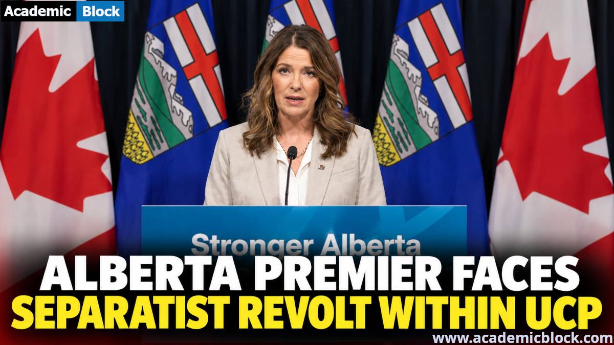 Image showing Alberta Premier Danielle Smith speaks at a podium with Canadian and Alberta flags behind her as she faces a separatist revolt within the United Conservative Party (UCP).