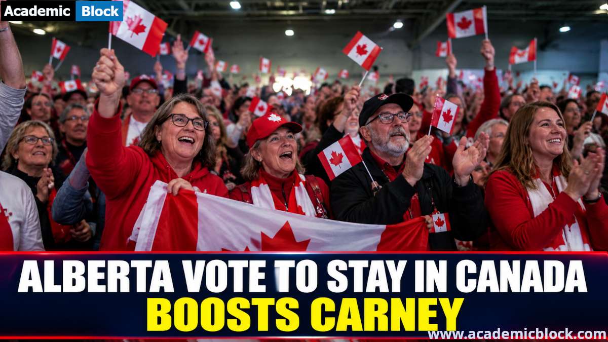 Image showing Crowd waving Canadian flags at an indoor rally, with a headline about Alberta’s 2026 referendum vote to stay in Canada and the political boost for Prime Minister Mark Carney.