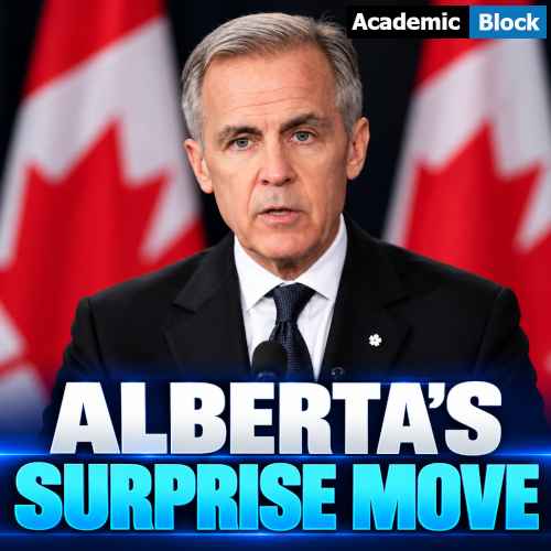 Image showing Mark Carney in a black suit against Canadian flags with the headline “Alberta’s Surprise Move,” highlighting Alberta’s 2026 separation referendum and the vote to remain in Canada.